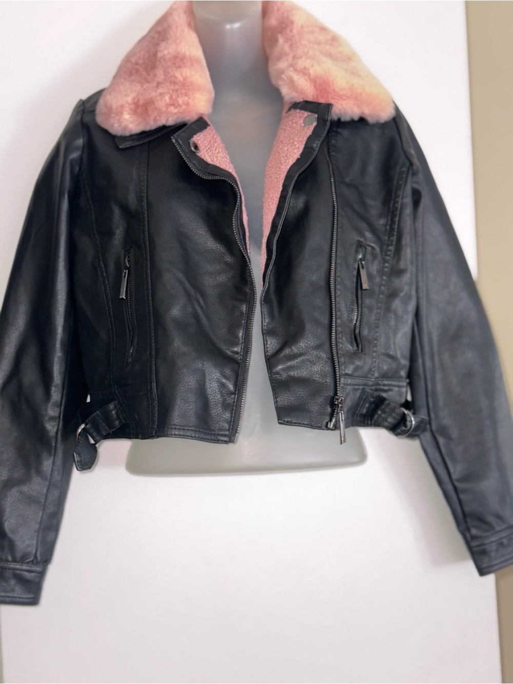 Jou Jou Black Faux Leather Jacket with Pink Sherpa Collar